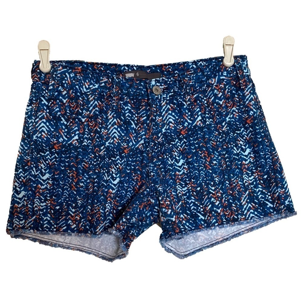 Levi's Geometrical Print Short Shorts Blue Stretch Mid Rise Raw Hem Sz 6 Summer